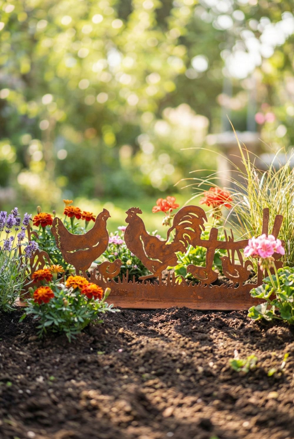 Silhouette décorative en fer forgé rouillé représentant une scène de basse-cour avec coq, poule et poussins, installée dans l’herbe d’un jardin champêtre