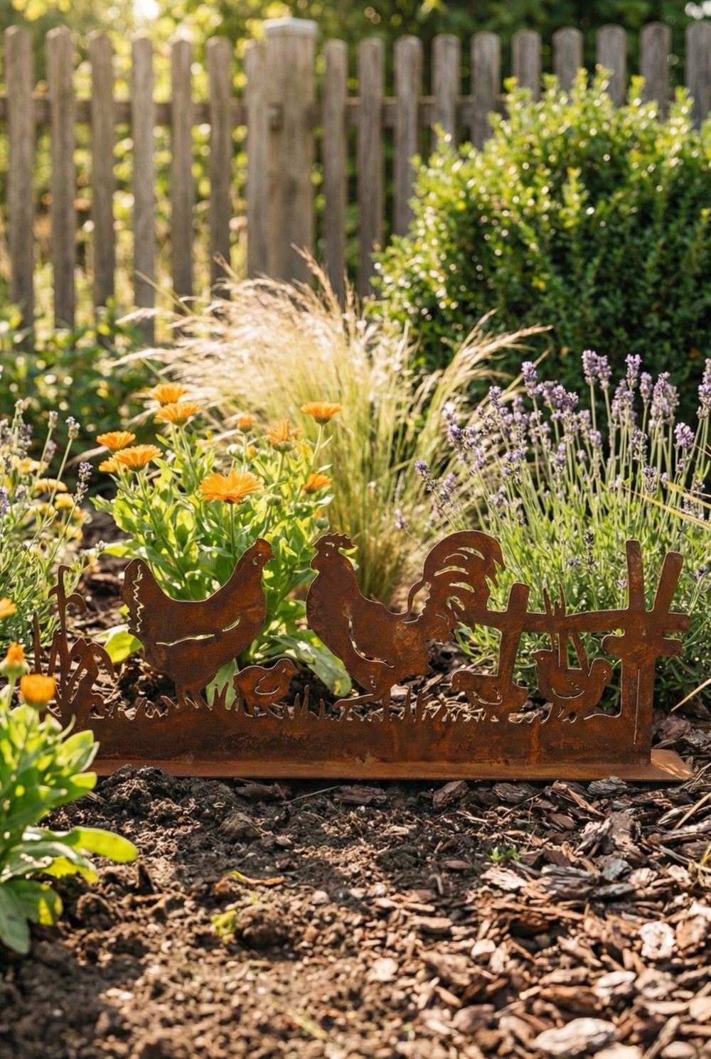 Silhouette décorative en fer forgé rouillé représentant une scène de basse-cour avec coq, poule et poussins, installée dans l’herbe d’un jardin champêtre