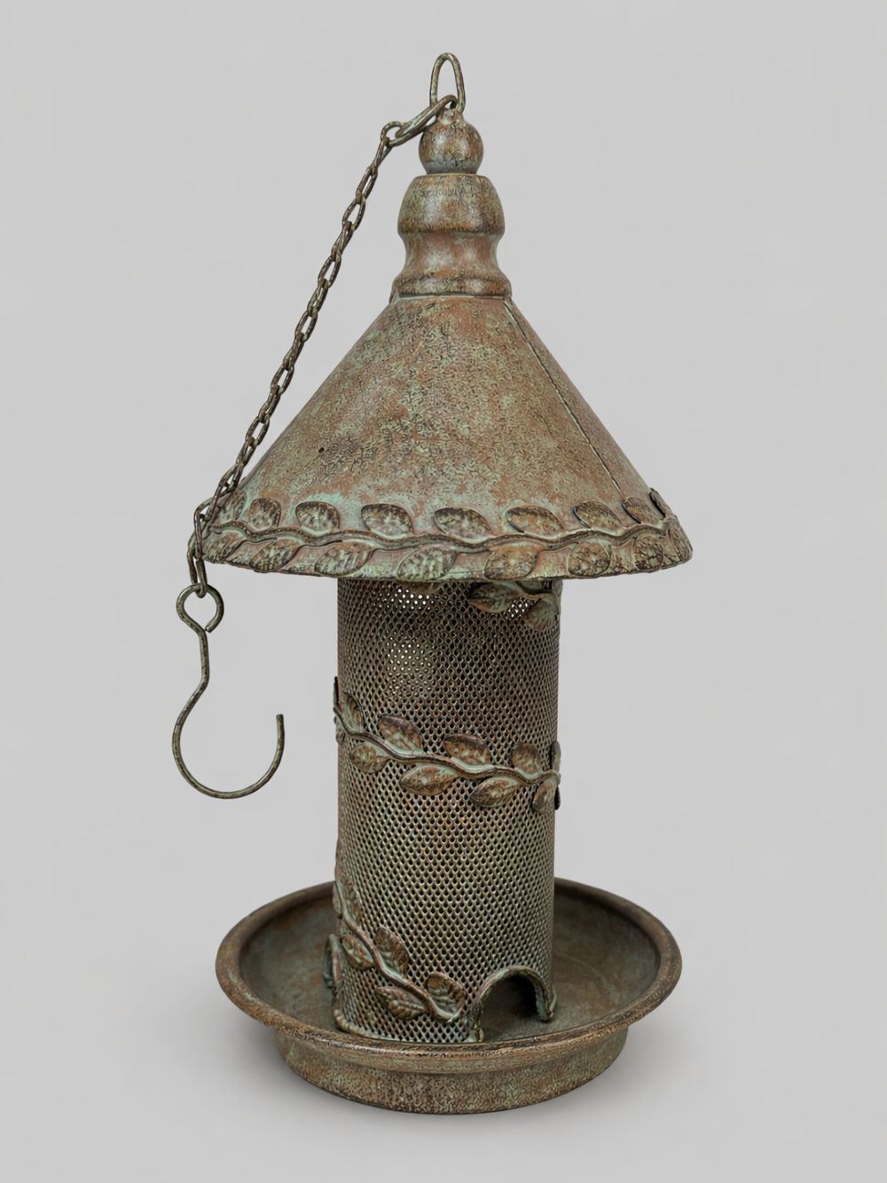 Silo à graines en métal patiné vert bronze style shabby chic, mangeoire à oiseaux décoration de jardin romantique et champêtre