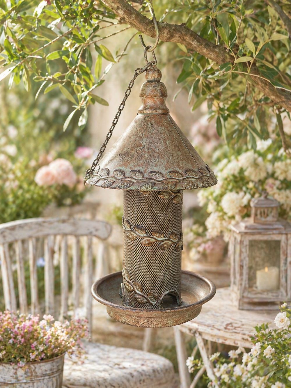 Silo à graines en métal patiné vert bronze style shabby chic, mangeoire à oiseaux décoration de jardin romantique et champêtre