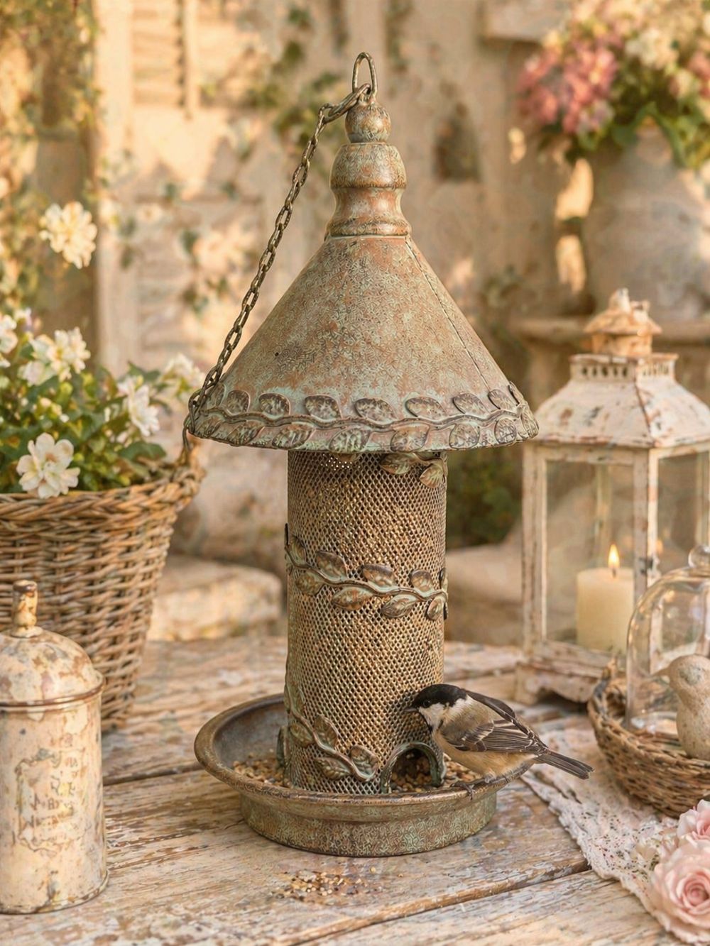 Silo à graines en métal patiné vert bronze style shabby chic, mangeoire à oiseaux décoration de jardin romantique et champêtre