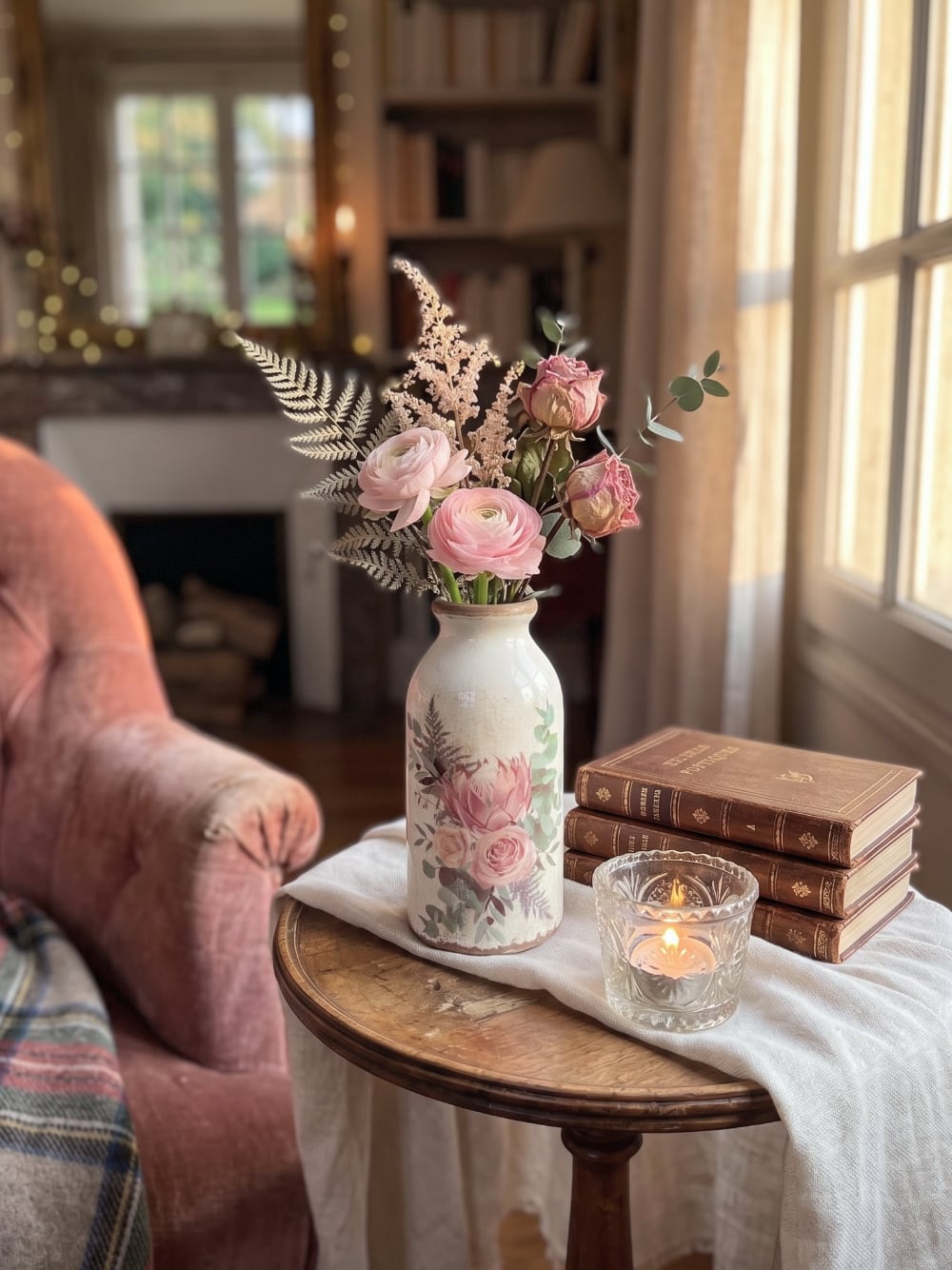 Soliflore décoratif en terre cuite blanc cassé avec motif floral rose et feuillage, accessoire de décoration romantique shabby chic pour ambiance poétique et maison de charme