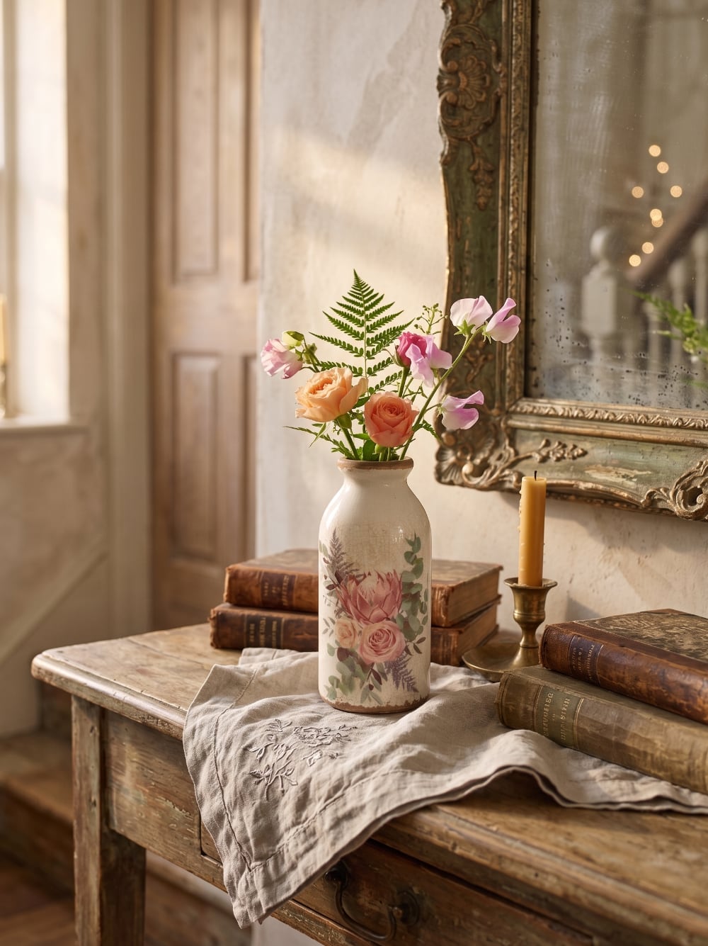 Soliflore décoratif en terre cuite blanc cassé avec motif floral rose et feuillage, accessoire de décoration romantique shabby chic pour ambiance poétique et maison de charme