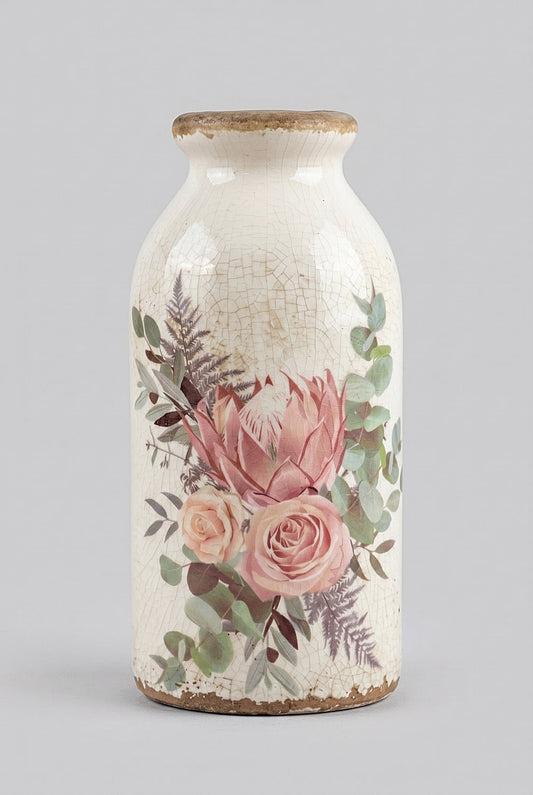 Soliflore décoratif en terre cuite blanc cassé avec motif floral rose et feuillage, accessoire de décoration romantique shabby chic pour ambiance poétique et maison de charme