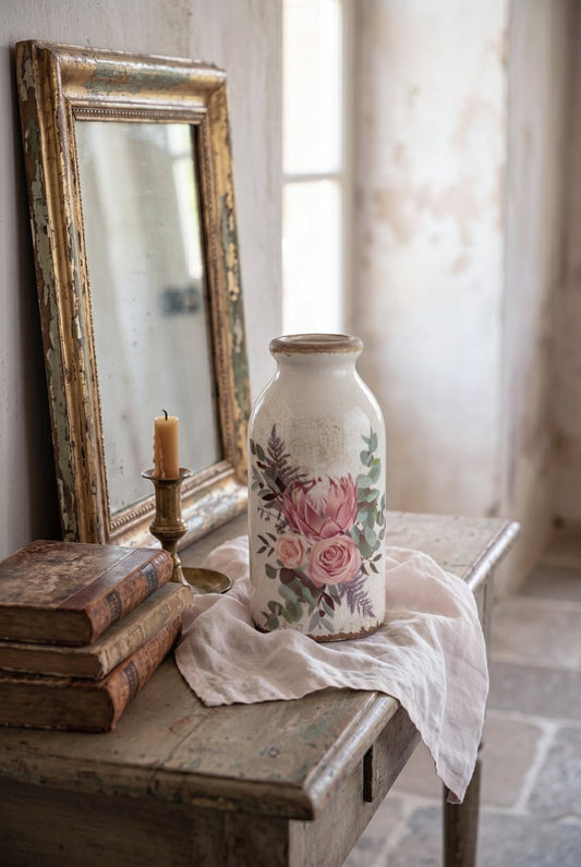 Soliflore décoratif en terre cuite blanc cassé avec motif floral rose et feuillage, accessoire de décoration romantique shabby chic pour ambiance poétique et maison de charme