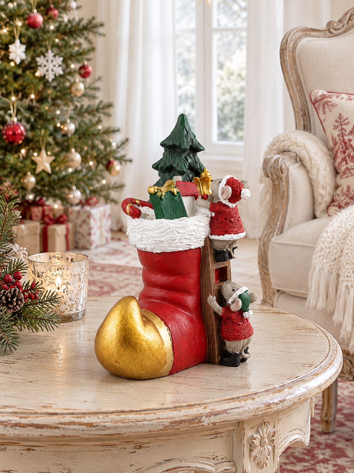 Soulier des Souris de Noël sur une table d’appoint patinée, dans un salon lumineux avec fauteuil et sapin décoré.