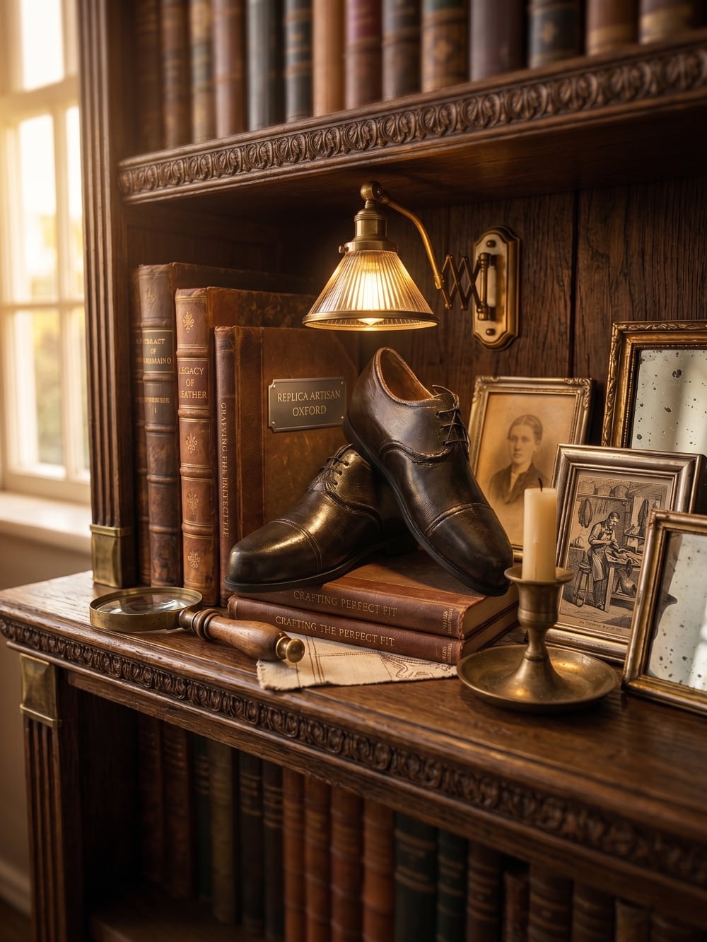 Paire de souliers décoratifs en métal noir patiné style ancien, posés sur un meuble de charme dans une ambiance vintage et romantique