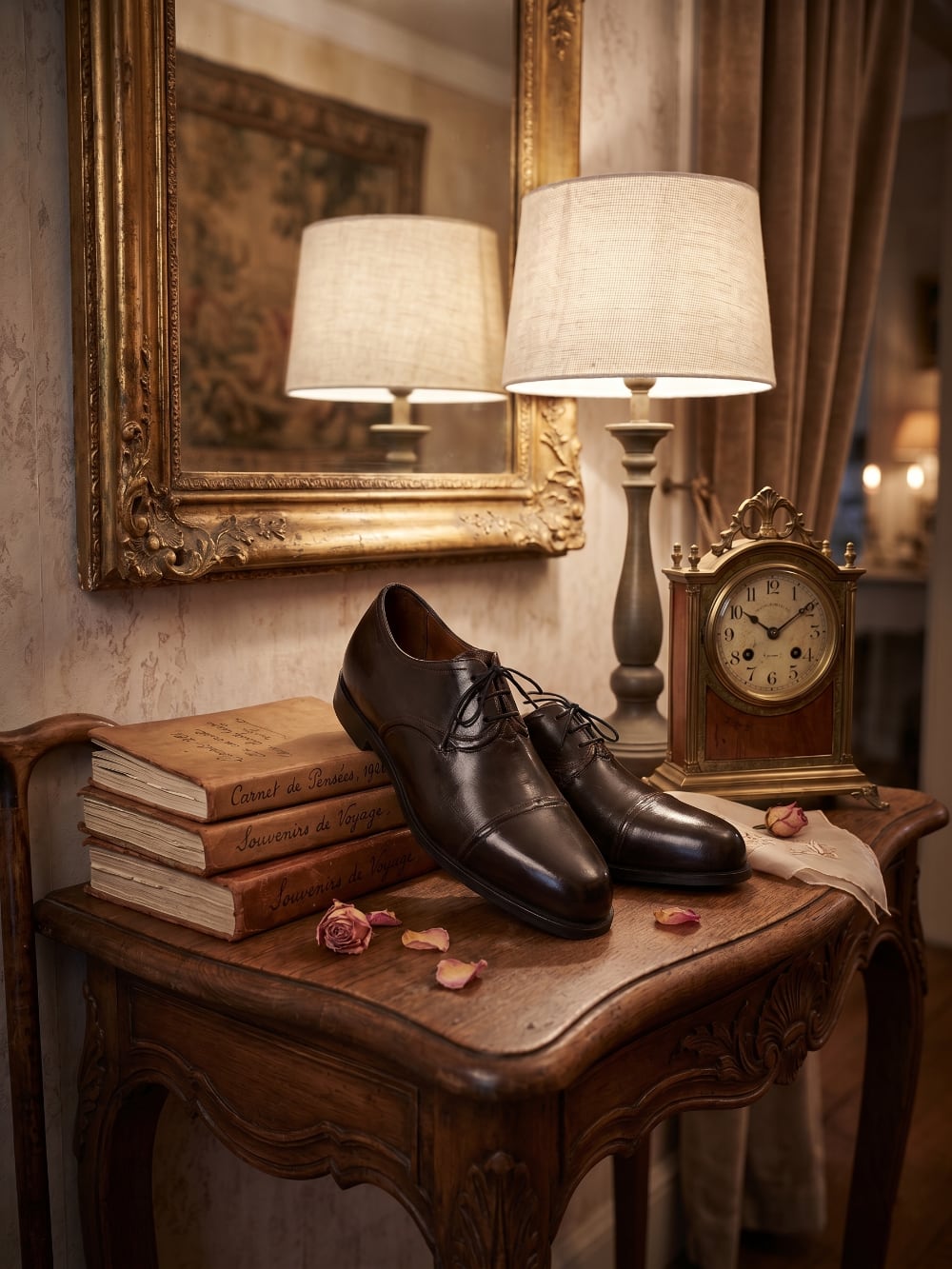 Paire de souliers décoratifs en métal noir patiné style ancien, posés sur un meuble de charme dans une ambiance vintage et romantique