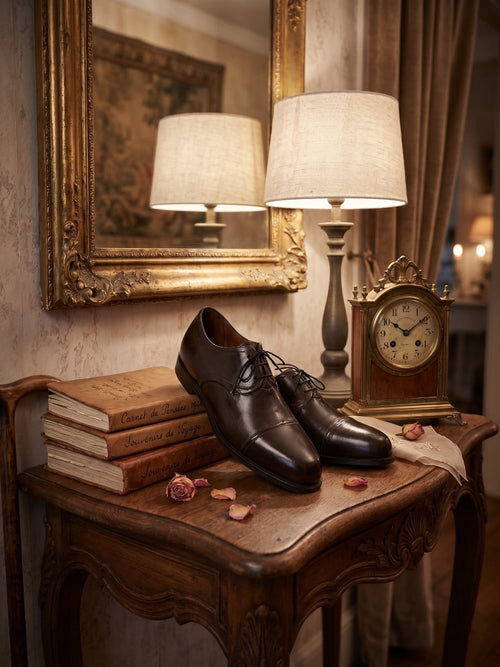 Paire de souliers décoratifs en métal noir patiné style ancien, posés sur un meuble de charme dans une ambiance vintage et romantique