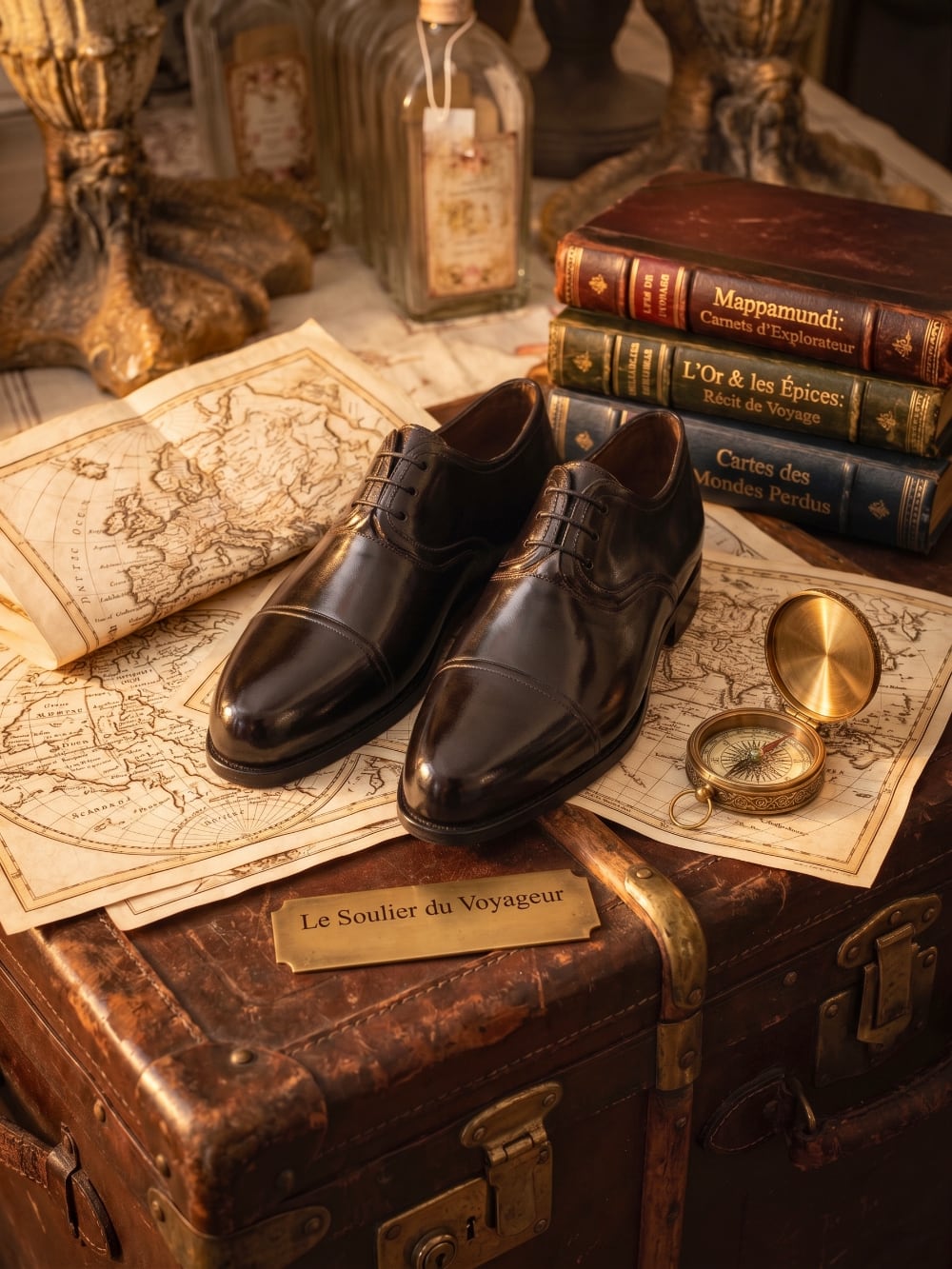 Paire de souliers décoratifs en métal noir patiné style ancien, posés sur un meuble de charme dans une ambiance vintage et romantique