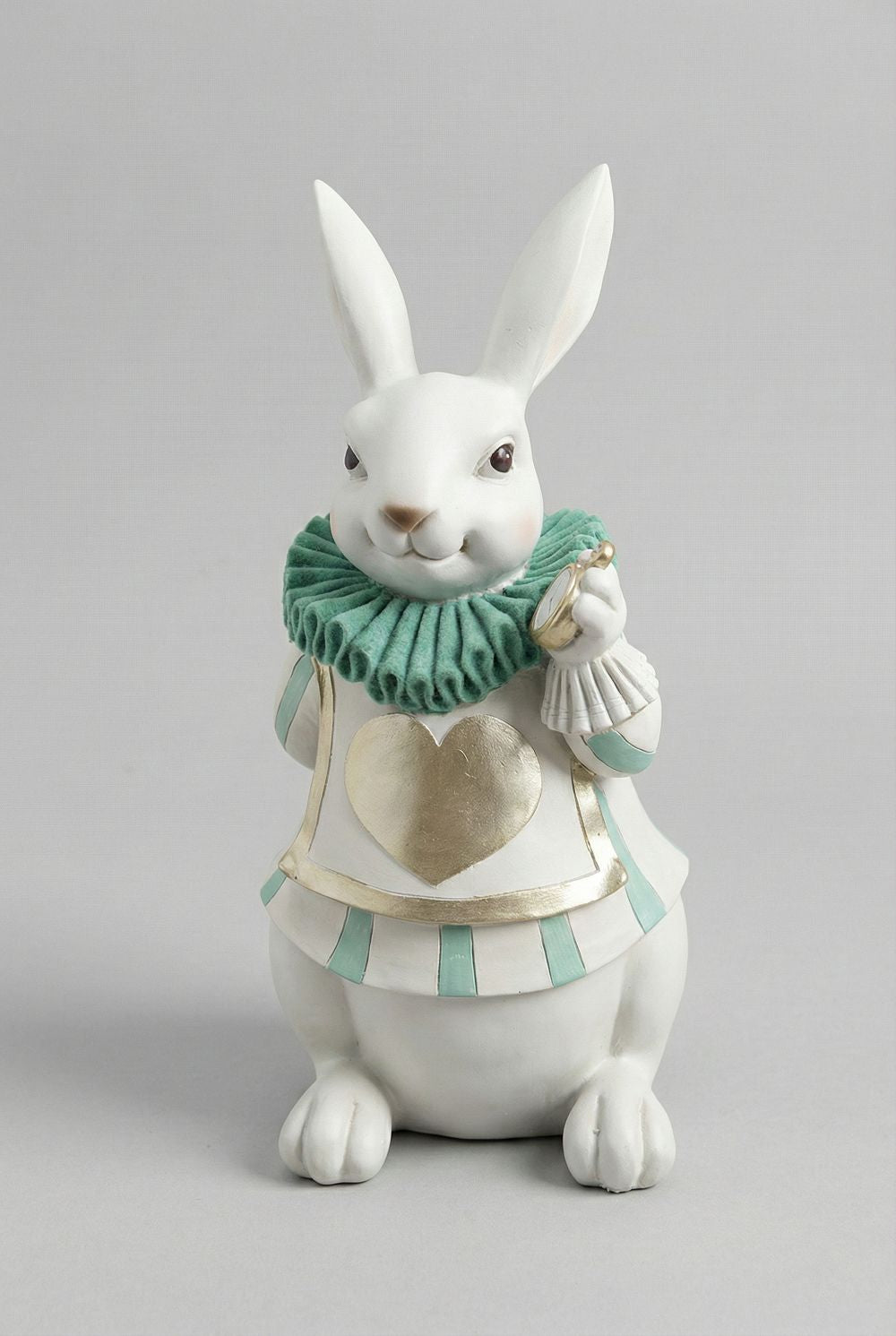 Statuette décorative lapin Alice blanc vert et doré, figurine shabby chic et féérique inspirée des contes, décoration poétique de charme 33 cm