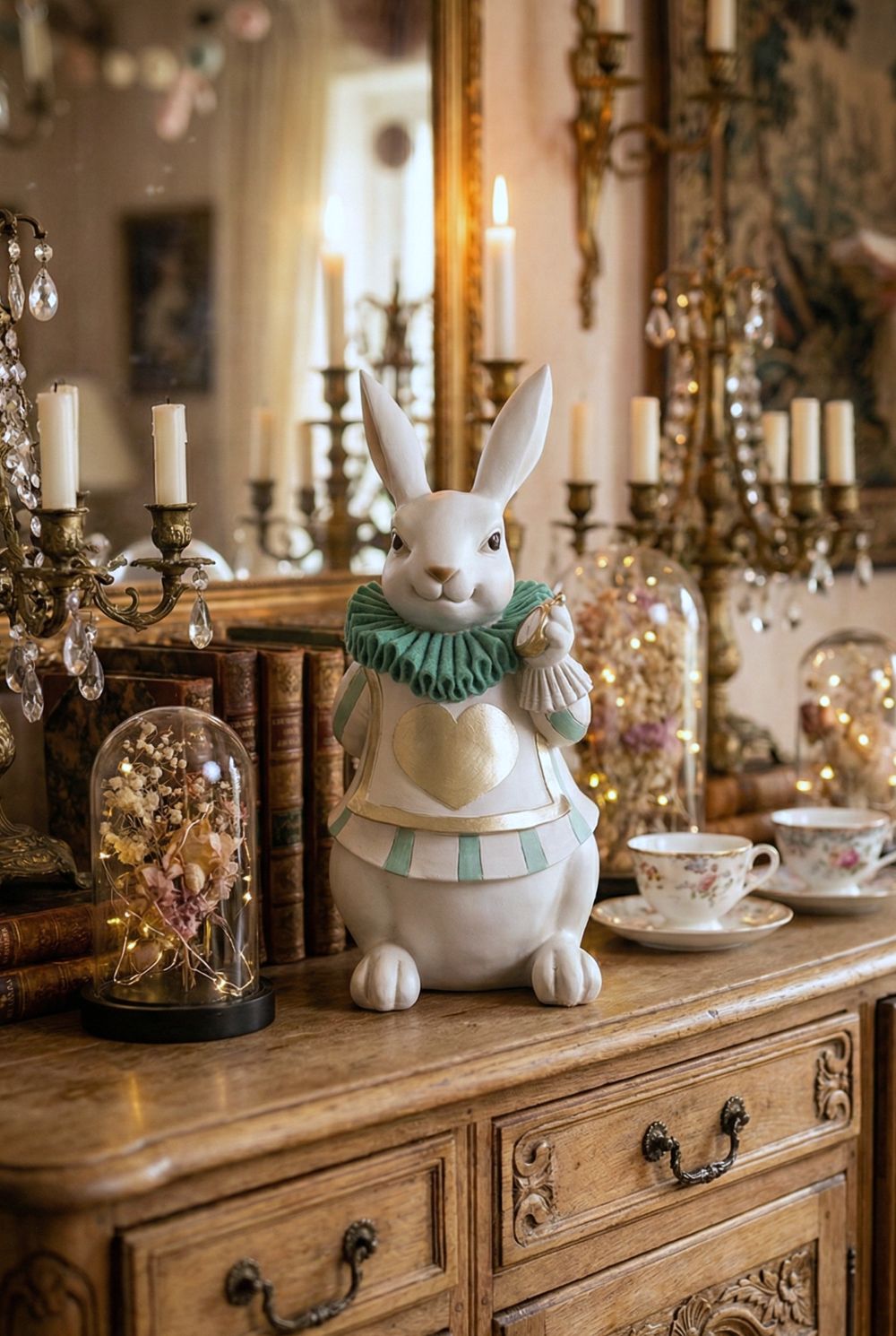 Statuette décorative lapin Alice blanc vert et doré, figurine shabby chic et féérique inspirée des contes, décoration poétique de charme 33 cm