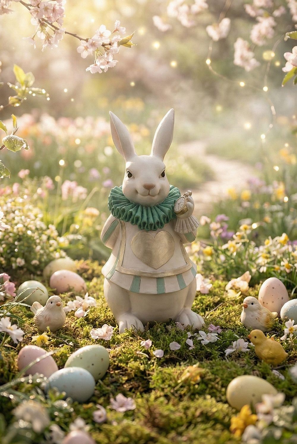 Statuette décorative lapin Alice blanc vert et doré, figurine shabby chic et féérique inspirée des contes, décoration poétique de charme 33 cm