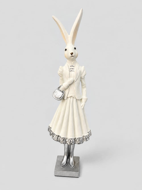 Statuette décorative Marquise Lapin blanche et argentée, personnage élégant en robe ancienne, style shabby chic romantique pour une décoration féérique sur console ou buffet