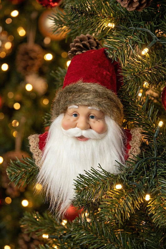 Suspension décorative tête de Père Noël, décoration de Noël à suspendre aux tons rouges et blancs, style traditionnel et féérique pour sapin ou intérieur de charme