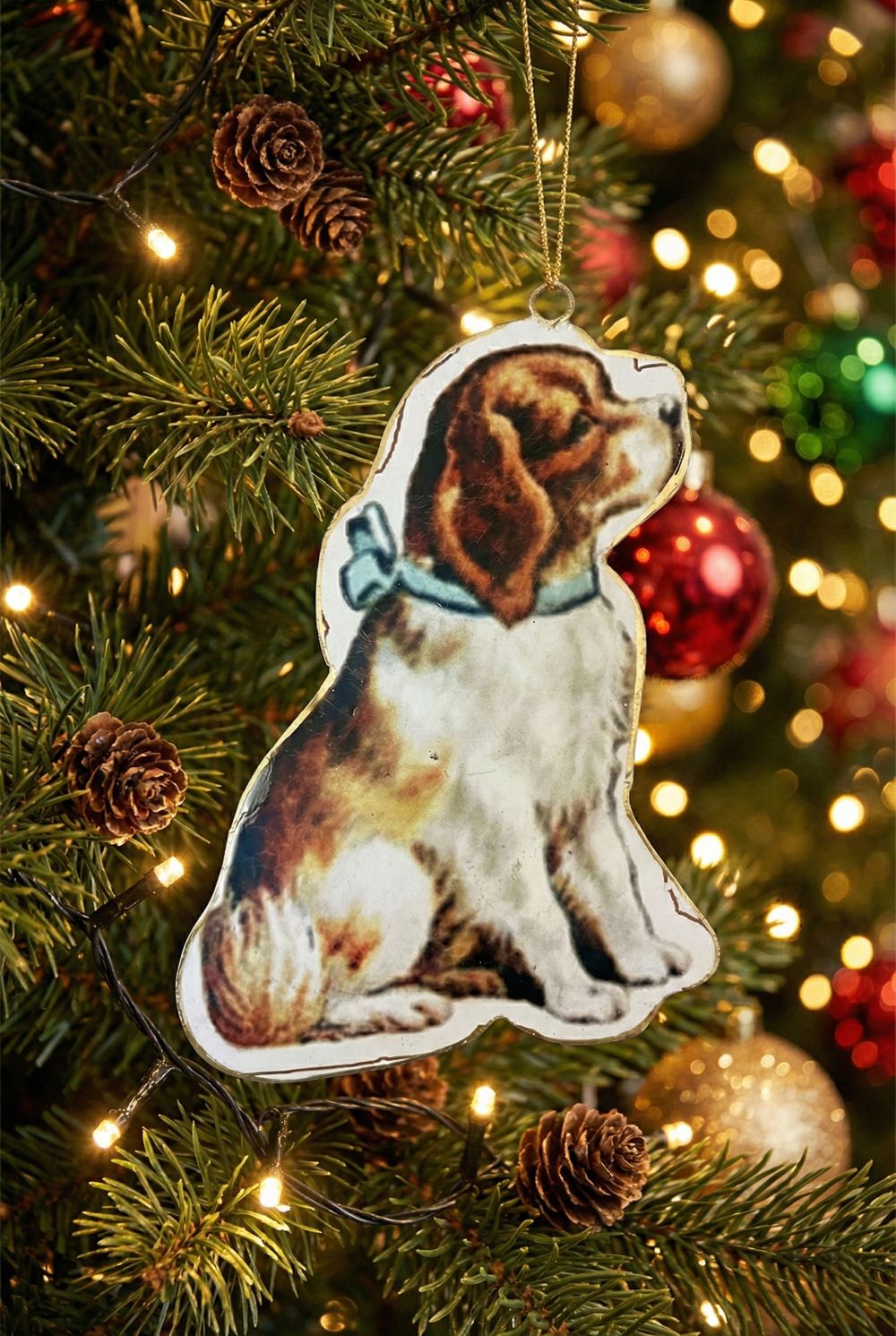 Suspension de Noël chien victorien marron bleu blanc décoration sapin style vintage shabby chic 17x12 cm