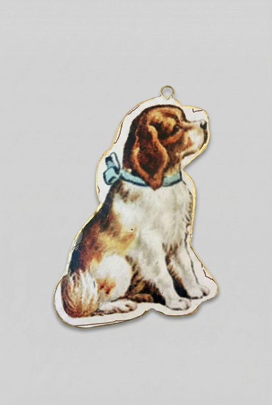 Suspension de Noël chien victorien marron bleu blanc décoration sapin style vintage shabby chic 17x12 cm