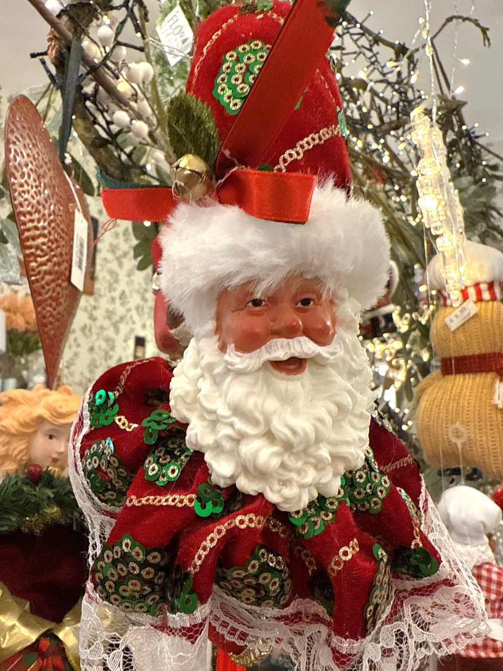 Suspension Père Noël décorative de 33 cm, rouge, blanc et vert, style romantique et shabby chic, idéale pour une décoration de Noël féérique