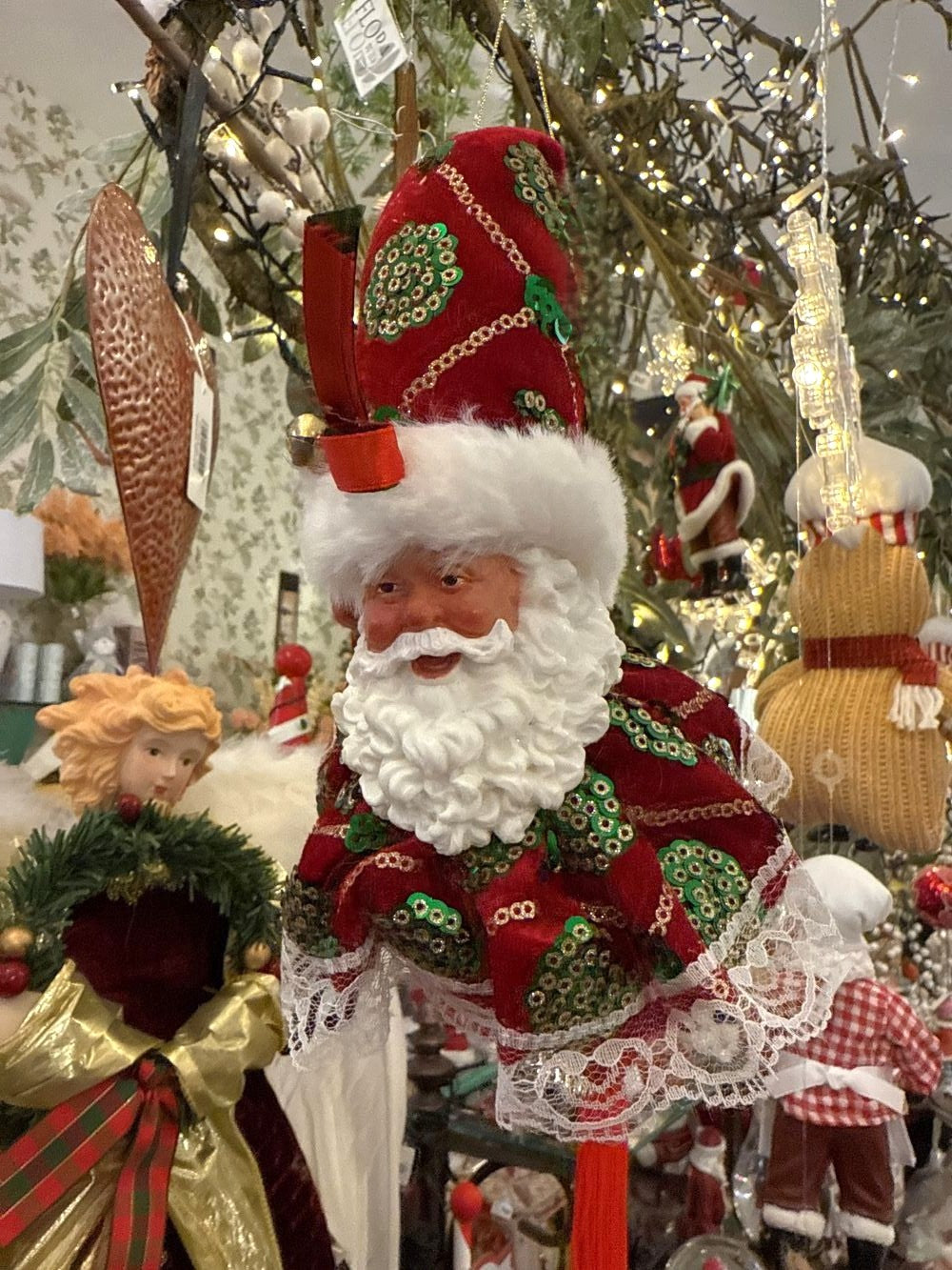 Suspension Père Noël décorative de 33 cm, rouge, blanc et vert, style romantique et shabby chic, idéale pour une décoration de Noël féérique
