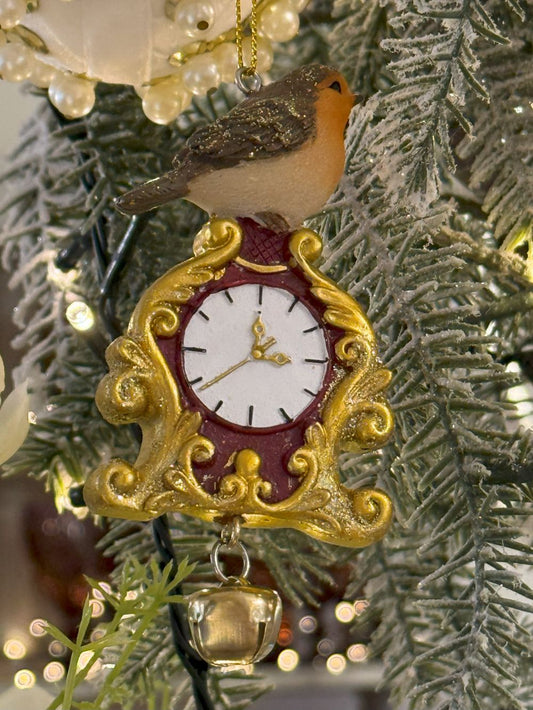 Suspension de Noël rouge-gorge sur horloge dorée et rouge avec petite clochette, style romantique shabby chic, décoration féérique et poétique
