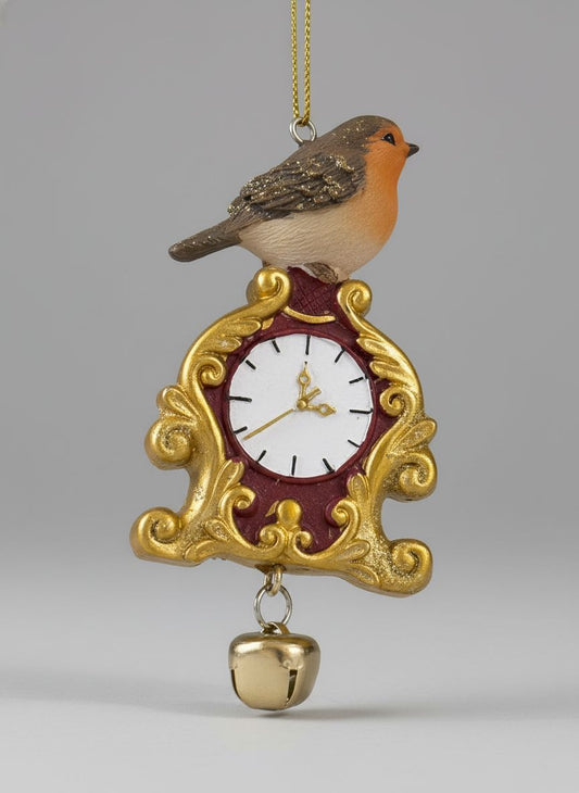 Suspension de Noël rouge-gorge sur horloge dorée et rouge avec petite clochette, style romantique shabby chic, décoration féérique et poétique