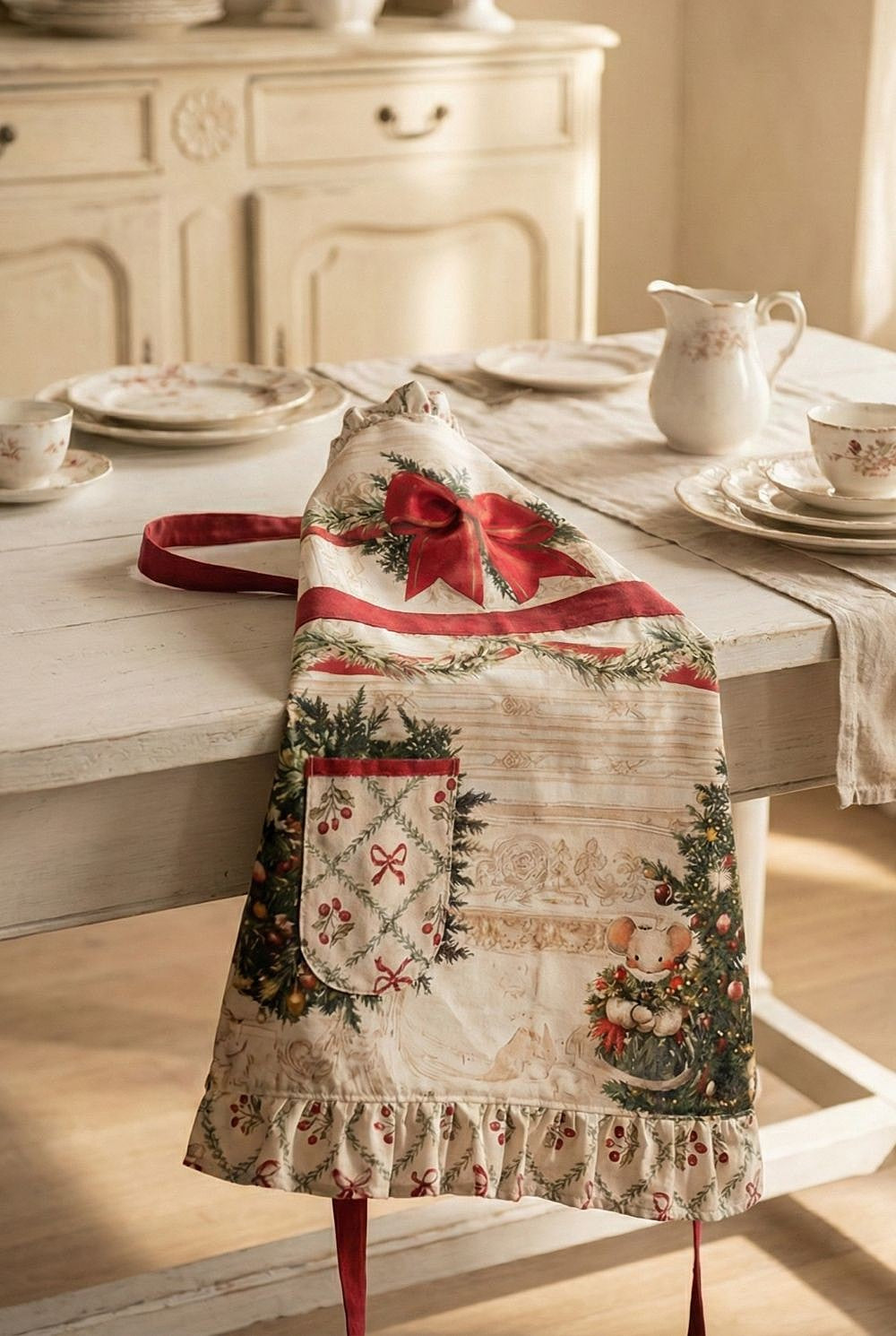 Tablier de Noël en coton Blanc Mariclò blanc rouge et vert, avec souris festive, grand nœud rouge et volant décoratif, style décoration romantique shabby chic pour cuisine de charme.