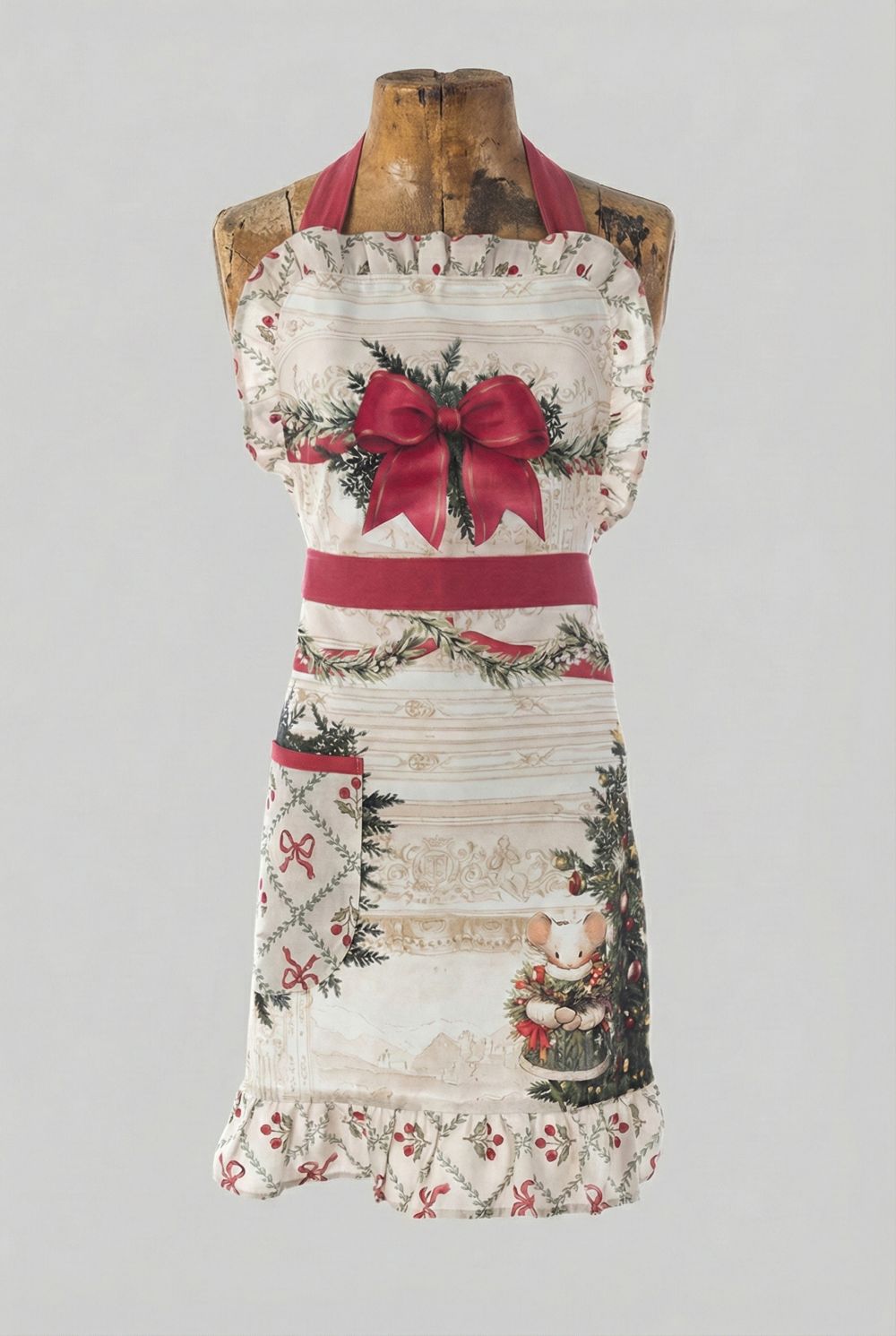 Tablier de Noël en coton Blanc Mariclò blanc rouge et vert, avec souris festive, grand nœud rouge et volant décoratif, style décoration romantique shabby chic pour cuisine de charme.