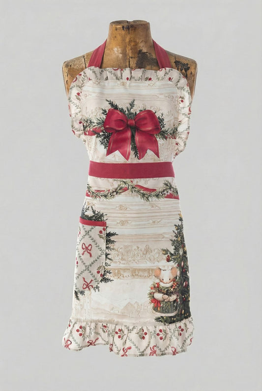 Tablier de Noël en coton Blanc Mariclò blanc rouge et vert, avec souris festive, grand nœud rouge et volant décoratif, style décoration romantique shabby chic pour cuisine de charme.