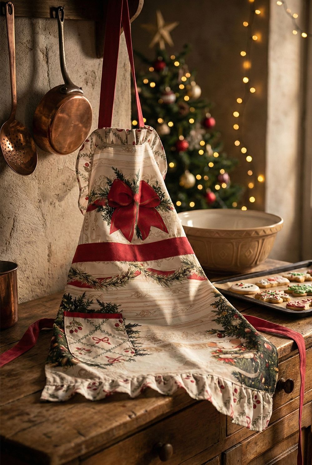 Tablier de Noël en coton Blanc Mariclò blanc rouge et vert, avec souris festive, grand nœud rouge et volant décoratif, style décoration romantique shabby chic pour cuisine de charme.