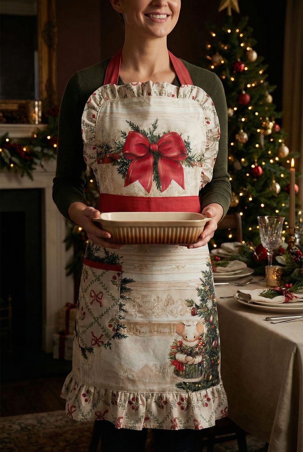 Tablier de Noël en coton Blanc Mariclò blanc rouge et vert, avec souris festive, grand nœud rouge et volant décoratif, style décoration romantique shabby chic pour cuisine de charme.