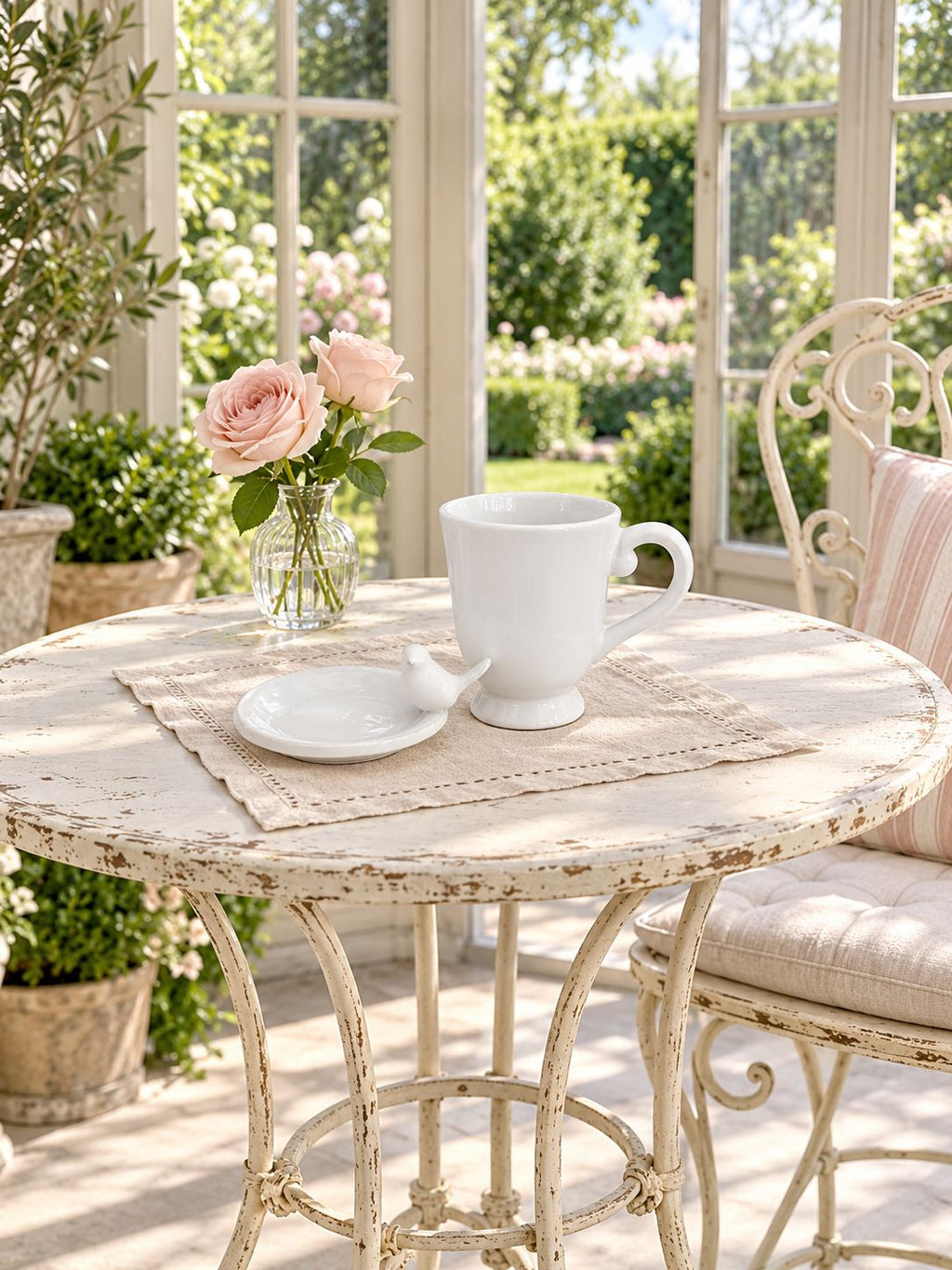 Tasse Chant de l’Oiseau et sa coupelle sur une table patinée, près de roses roses et d’une fenêtre.