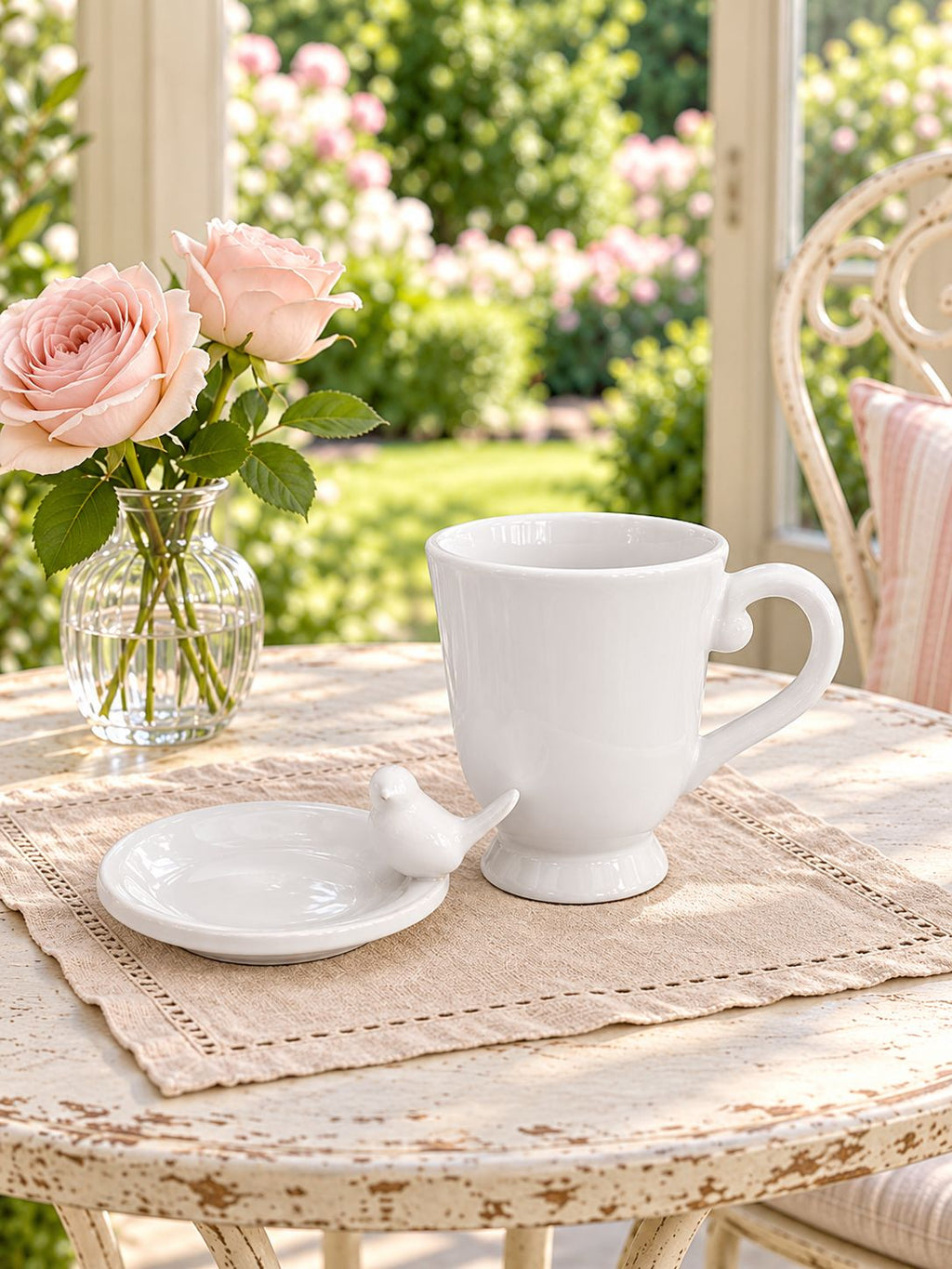 Tasse blanche et coupelle oiseau sur une table de véranda, près d’un vase de roses.