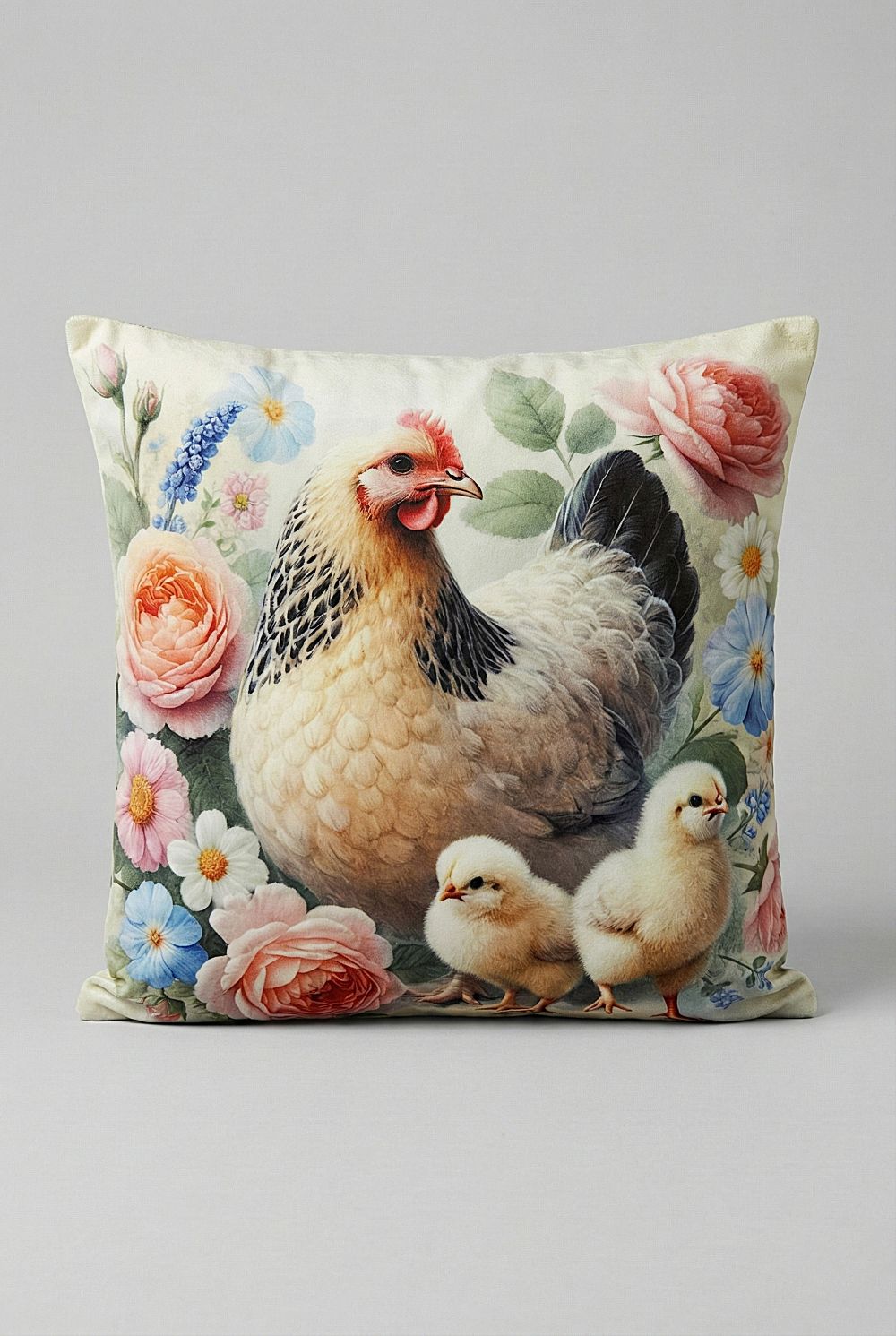 Housse de coussin en velours 45x45 cm décorée d’une poule et de ses poussins, tons beige et rose poudré, style shabby chic et décoration romantique champêtre