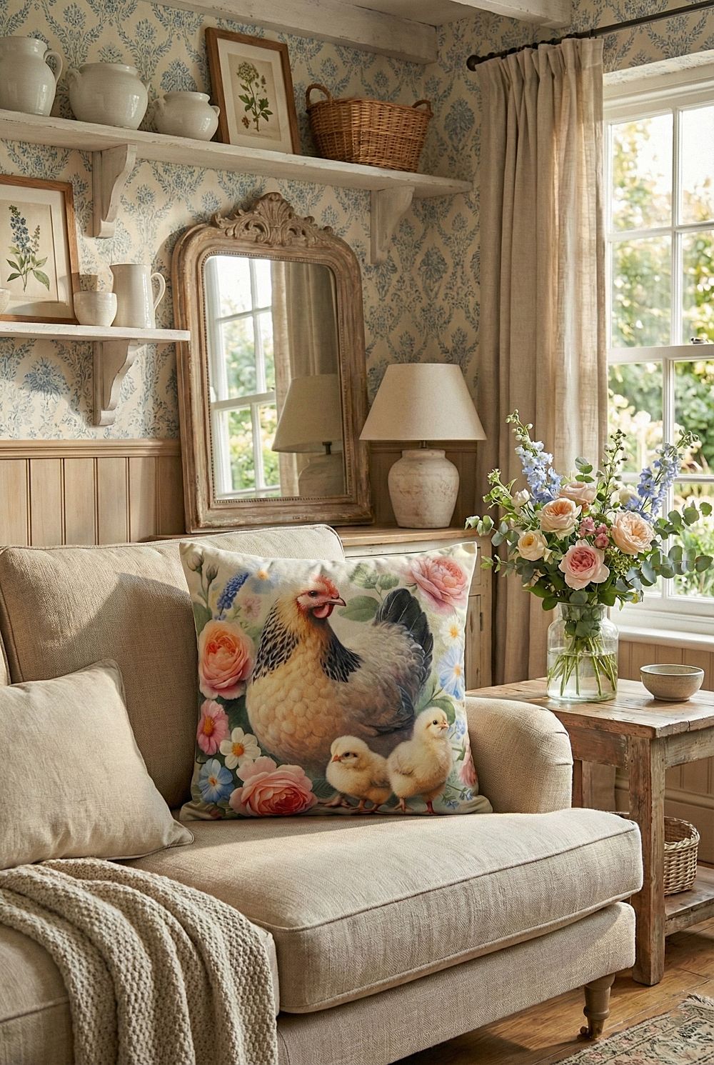 Housse de coussin en velours 45x45 cm décorée d’une poule et de ses poussins, tons beige et rose poudré, style shabby chic et décoration romantique champêtre