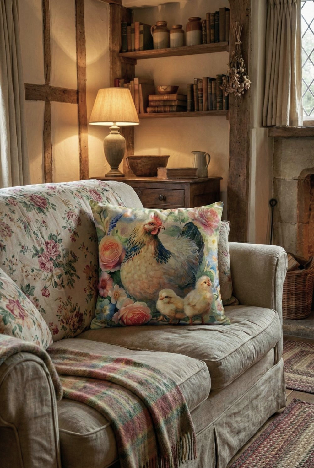 Housse de coussin en velours 45x45 cm décorée d’une poule et de ses poussins, tons beige et rose poudré, style shabby chic et décoration romantique champêtre