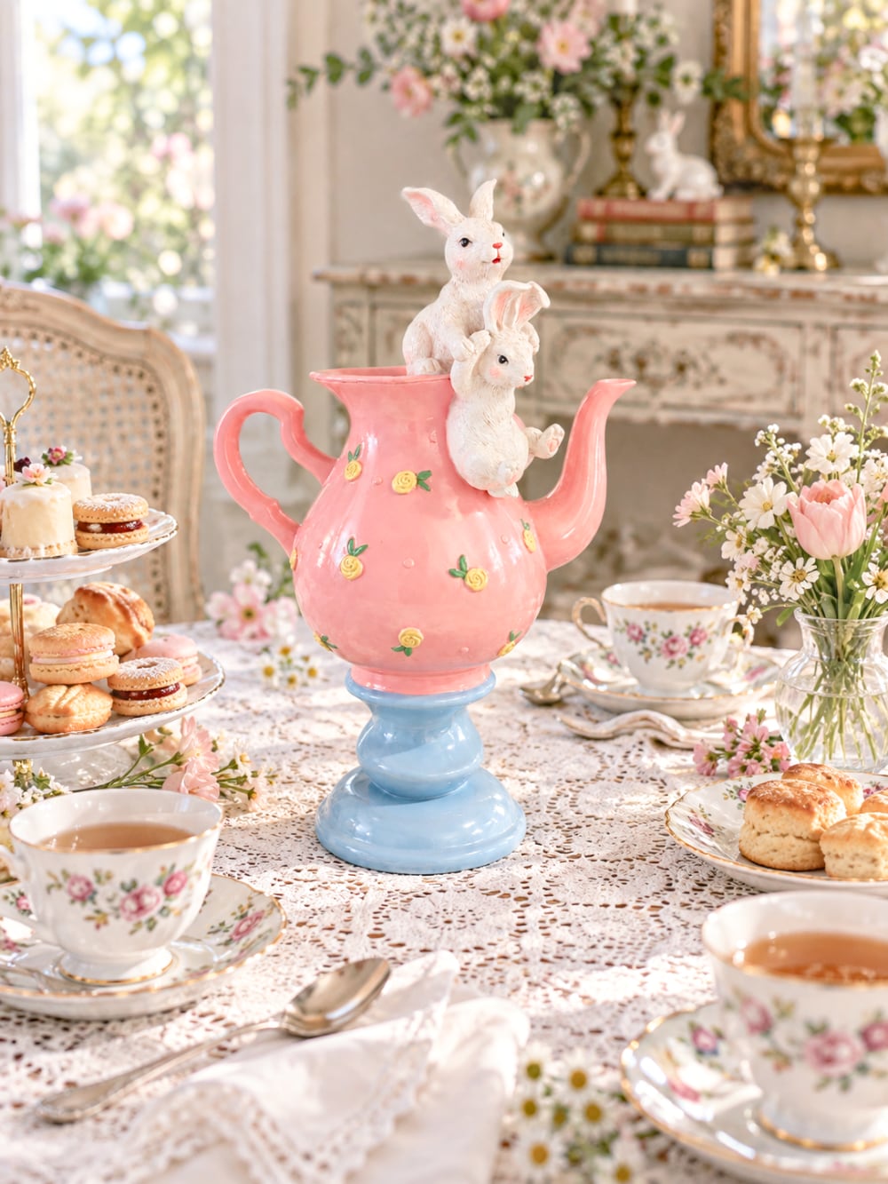 Grande théière décorative rose et bleu ciel avec petits lapins blancs, roses jaunes en relief, style romantique et féérique pour décoration de Pâques et univers Alice