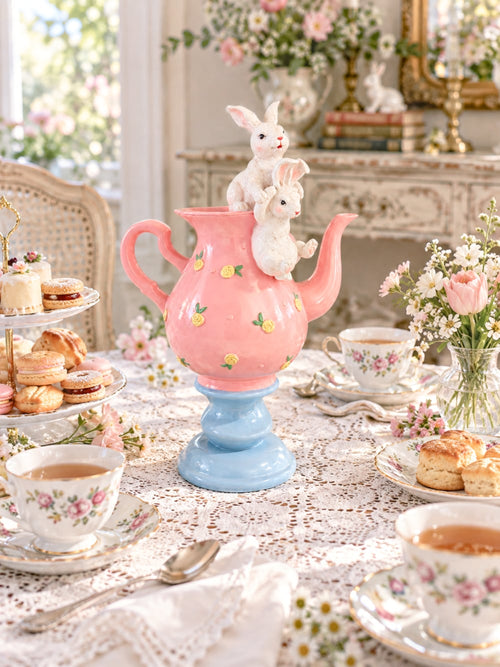 Grande théière décorative rose et bleu ciel avec petits lapins blancs, roses jaunes en relief, style romantique et féérique pour décoration de Pâques et univers Alice