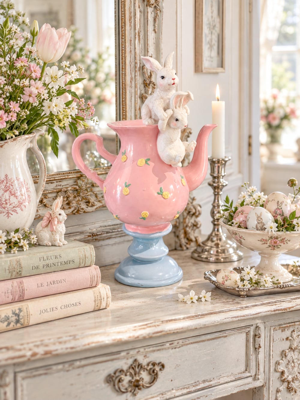 Grande théière décorative rose et bleu ciel avec petits lapins blancs, roses jaunes en relief, style romantique et féérique pour décoration de Pâques et univers Alice