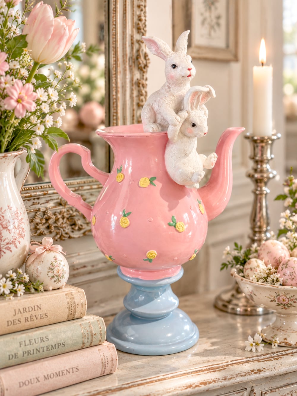 Grande théière décorative rose et bleu ciel avec petits lapins blancs, roses jaunes en relief, style romantique et féérique pour décoration de Pâques et univers Alice