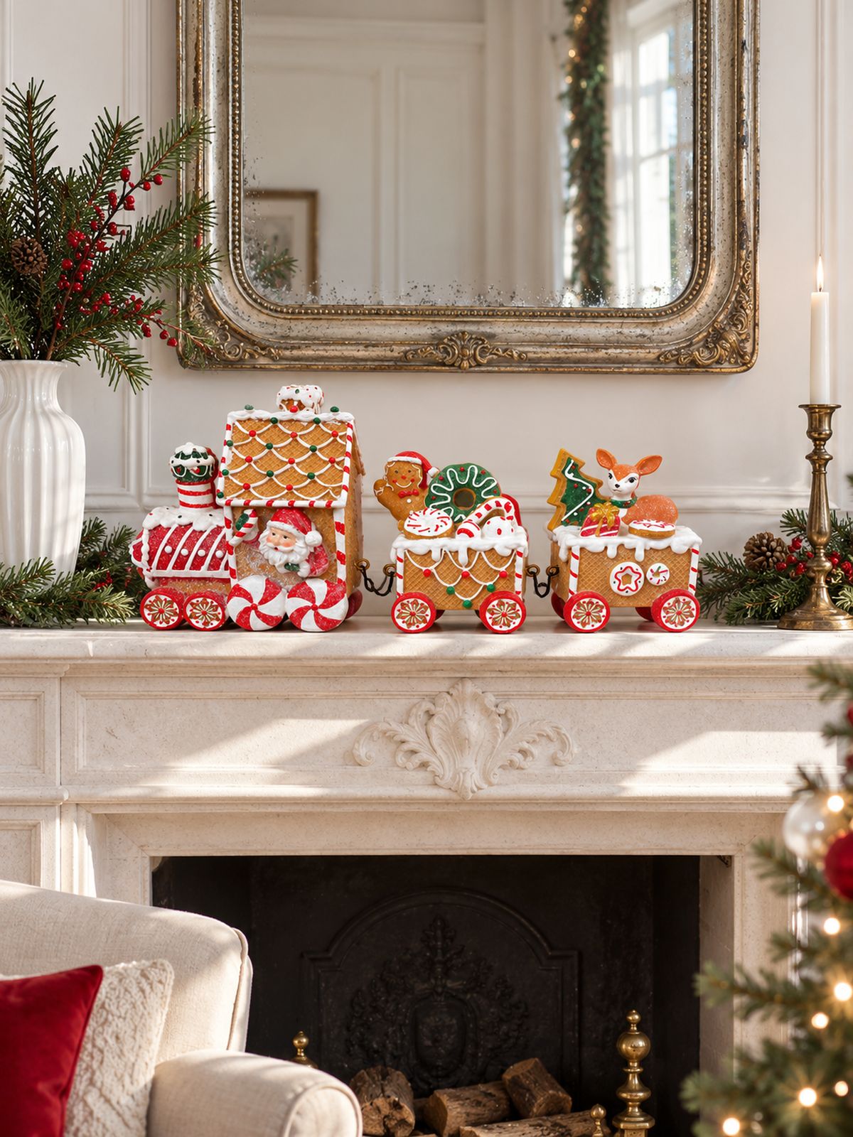 Train Enchanté du Père Noël sur une cheminée en pierre claire, sous un miroir ancien dans un salon décoré pour Noël.