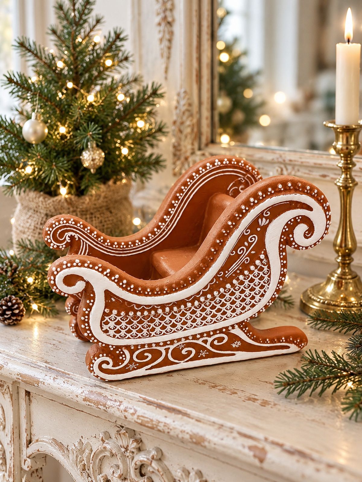 Traîneau Pain d’Épices sur une console patinée crème, près d’un petit sapin illuminé et d’un bougeoir en laiton.