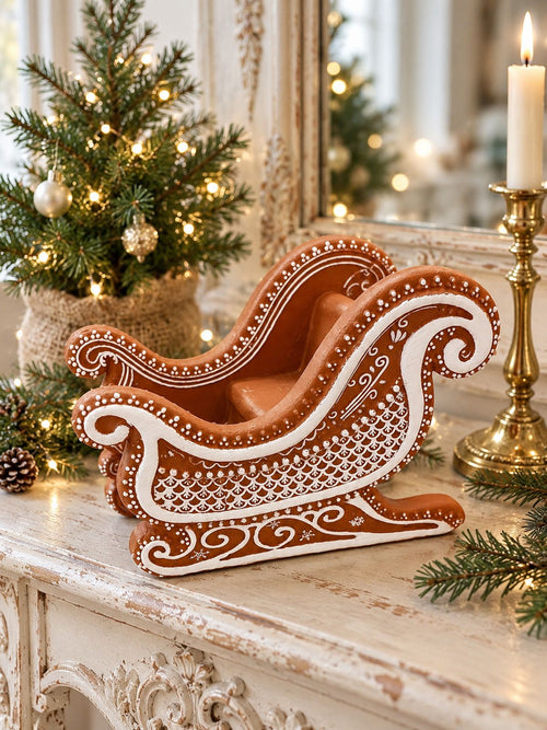Traîneau Pain d’Épices sur une console patinée crème, près d’un petit sapin illuminé et d’un bougeoir en laiton.