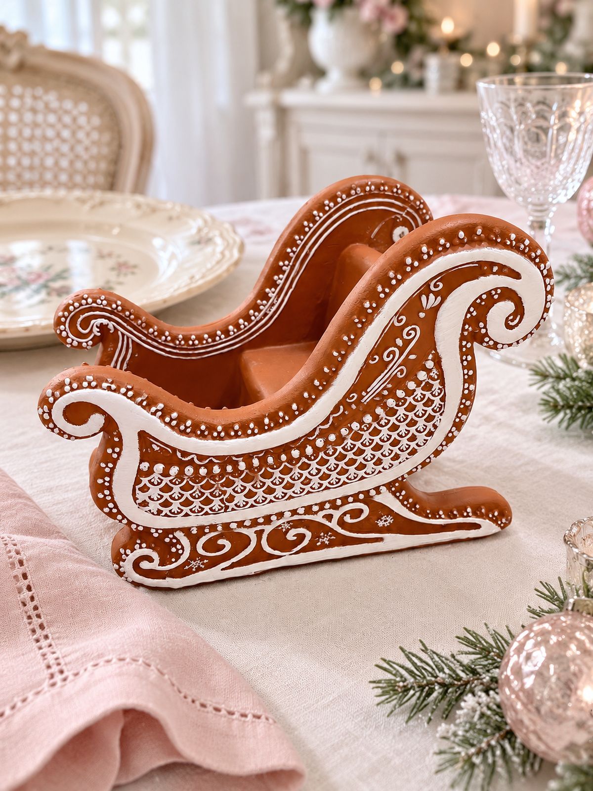 Traîneau Pain d’Épices sur une table de fête en lin ivoire, avec vaisselle ancienne et serviette rose poudré.