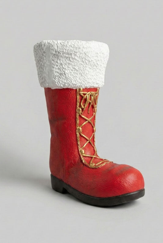 Vase décoratif en forme de botte du Père Noël rouge, blanche et dorée, grande décoration de Noël au style chaleureux, féérique et traditionnel