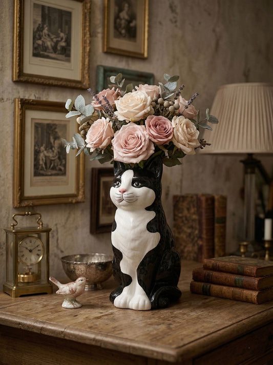 Vase décoratif en forme de chat noir et blanc avec bouquet rose, style shabby chic et décoration romantique de charme