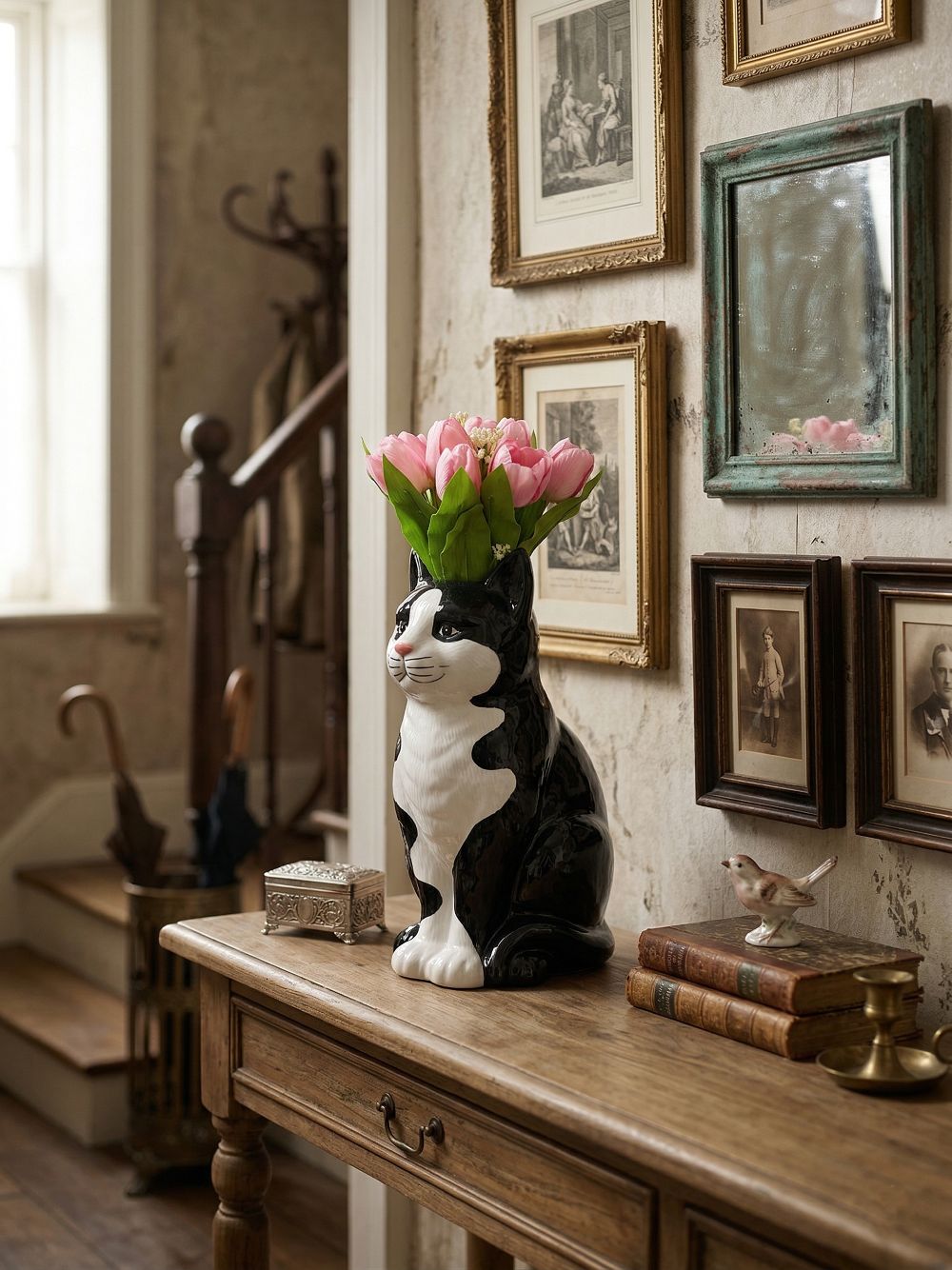 Vase décoratif en forme de chat noir et blanc avec bouquet rose, style shabby chic et décoration romantique de charme