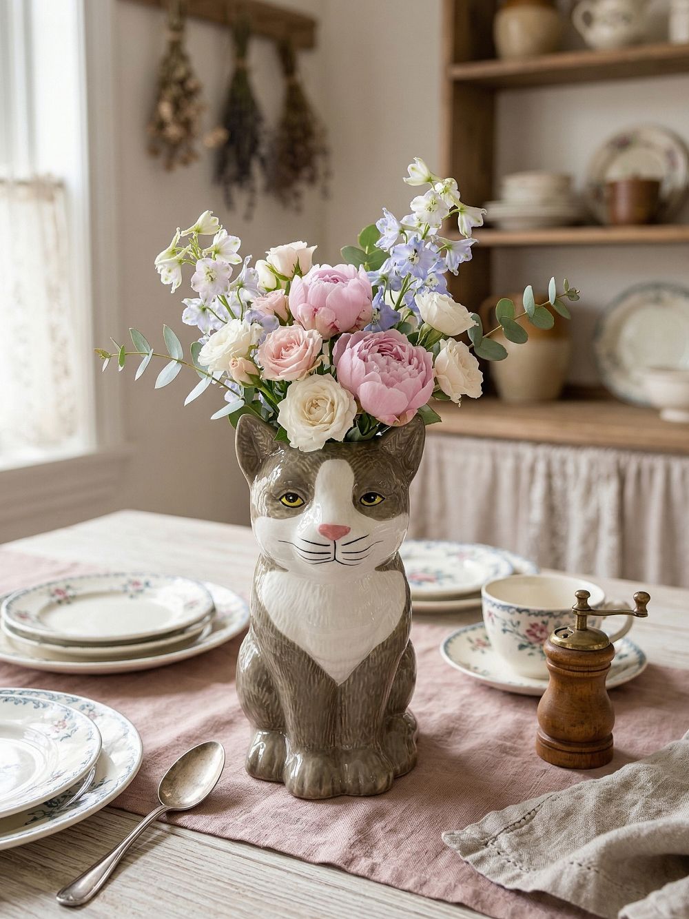 Vase en forme de chat en faïence gris et blanc avec détails roses, style décoration romantique shabby chic, objet décoratif poétique avec fleurs