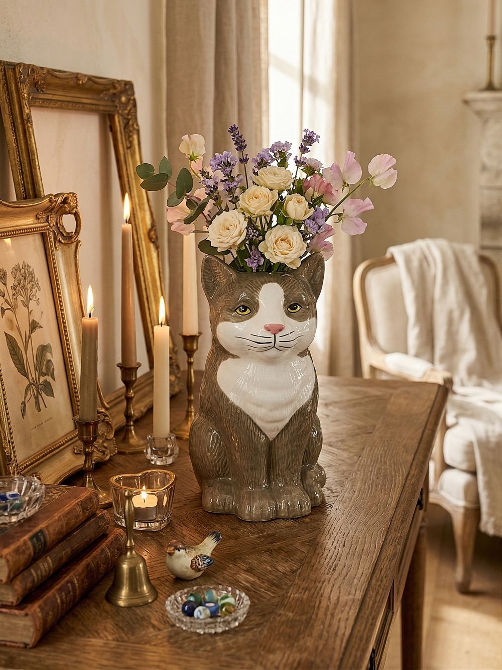 Vase en forme de chat en faïence gris et blanc avec détails roses, style décoration romantique shabby chic, objet décoratif poétique avec fleurs