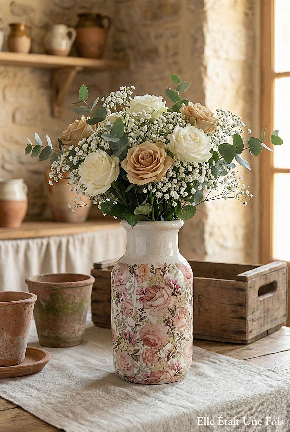 Vase décoratif blanc cassé avec motifs de roses anglaises rose poudré et feuillage vert, style shabby chic romantique et poétique