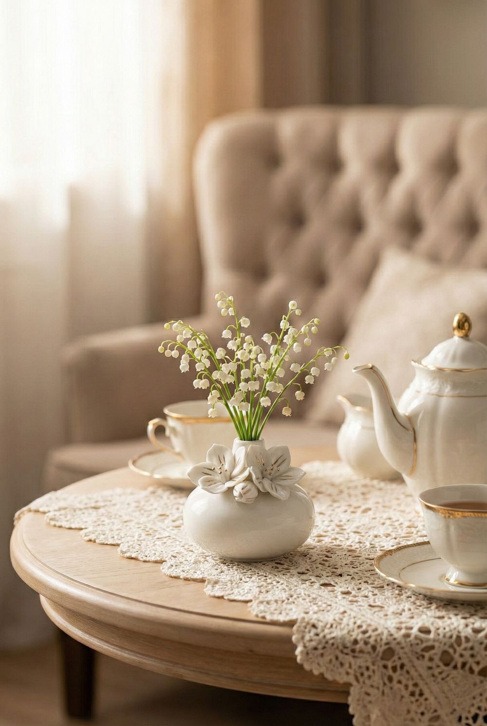 Vase soliflore Mathilde M en porcelaine blanche avec fleurs en relief et touches dorées, petit vase romantique shabby chic pour brindille ou petite fleur, décoration de charme poétique